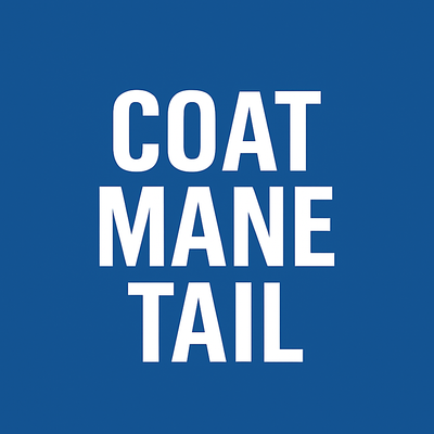 COAT MANE TAIL text on blue background.