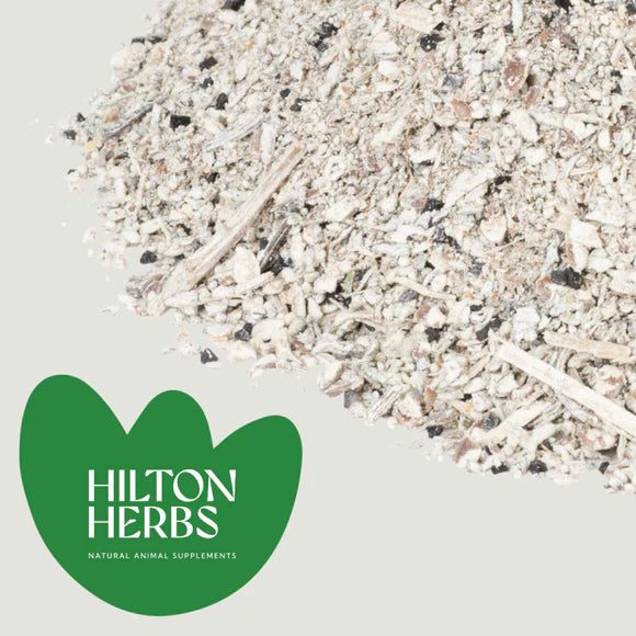 Hilton Herbs natural animal supplements with a close-up of a dry herb mix on a light background.