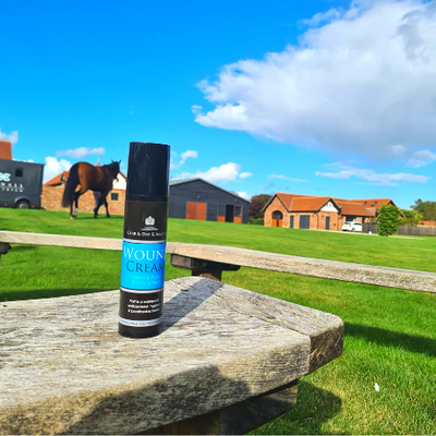 Bottle of 'Wound Cream' on a wooden bench with a horse and farm buildings in the background.