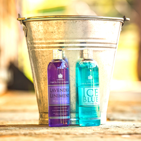 Two bottles of 'Lavender Liniment' and 'Ice Blue' in a metal bucket with a blurred outdoor background.