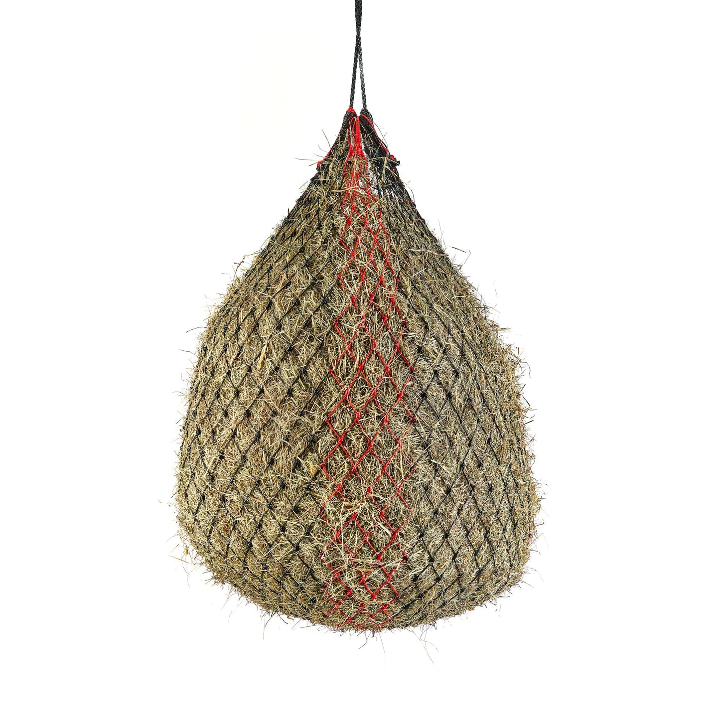 Shires Deluxe Haylage Net, a heavy-duty slow-feed net for haylage, in red/black with strong hanging rope and small mesh holes.