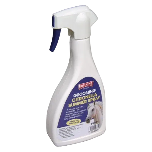 White spray bottle with blue nozzle labeled 'Grooming Citronella Summer Spray' on a white background