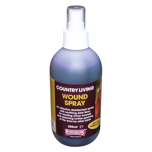 A 250ml bottle of Country Living Wound Spray by Equimins, featuring a purple body, white spray nozzle, and a dark brown label with yellow and white text.