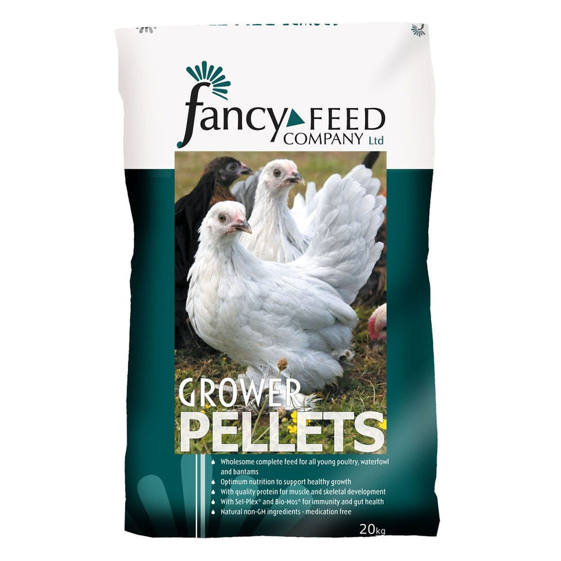 A 20kg bag of Fancy Feed Company Ltd Grower Pellets for poultry, featuring a white and dark teal bag with a photo of three chickens on the front.
