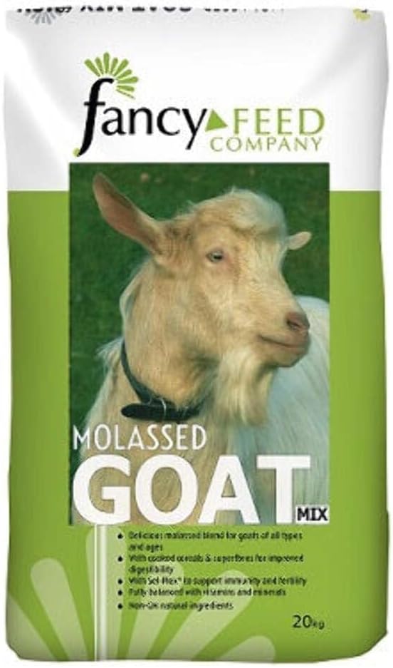A 20kg bag of Fancy Feed Company Molassed Goat Mix, featuring a white and green bag with a photo of a goat on the front.
