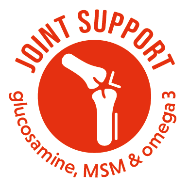 Logo for joint support with glucosamine, MSM, and omega 3 on a white background