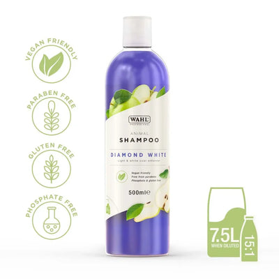 Wahl Diamond White shampoo bottle with vegan, paraben, gluten, and phosphate-free icons on a white background.