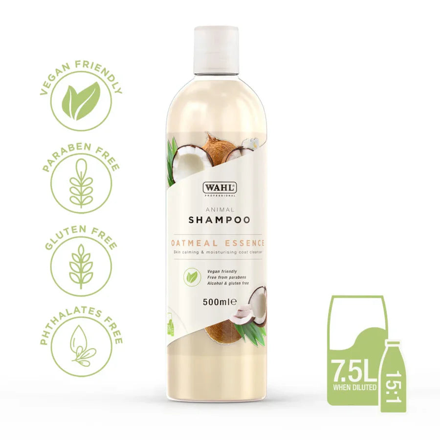 Bottle of Wahl Oatmeal Essence Shampoo for horses – gentle skin and coat wash