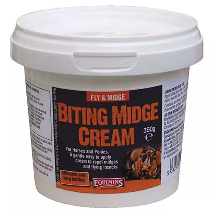 Container of Equimins Biting Midge Cream for horses and ponies on a white background