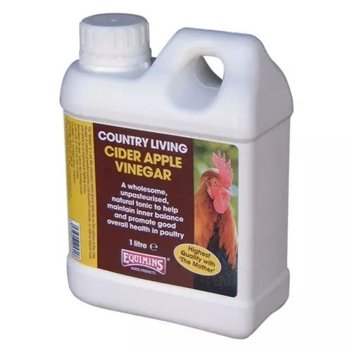 A 1 litre white plastic bottle of Equimins Country Living Cider Apple Vinegar for poultry, featuring a brown and yellow label with a rooster photo.