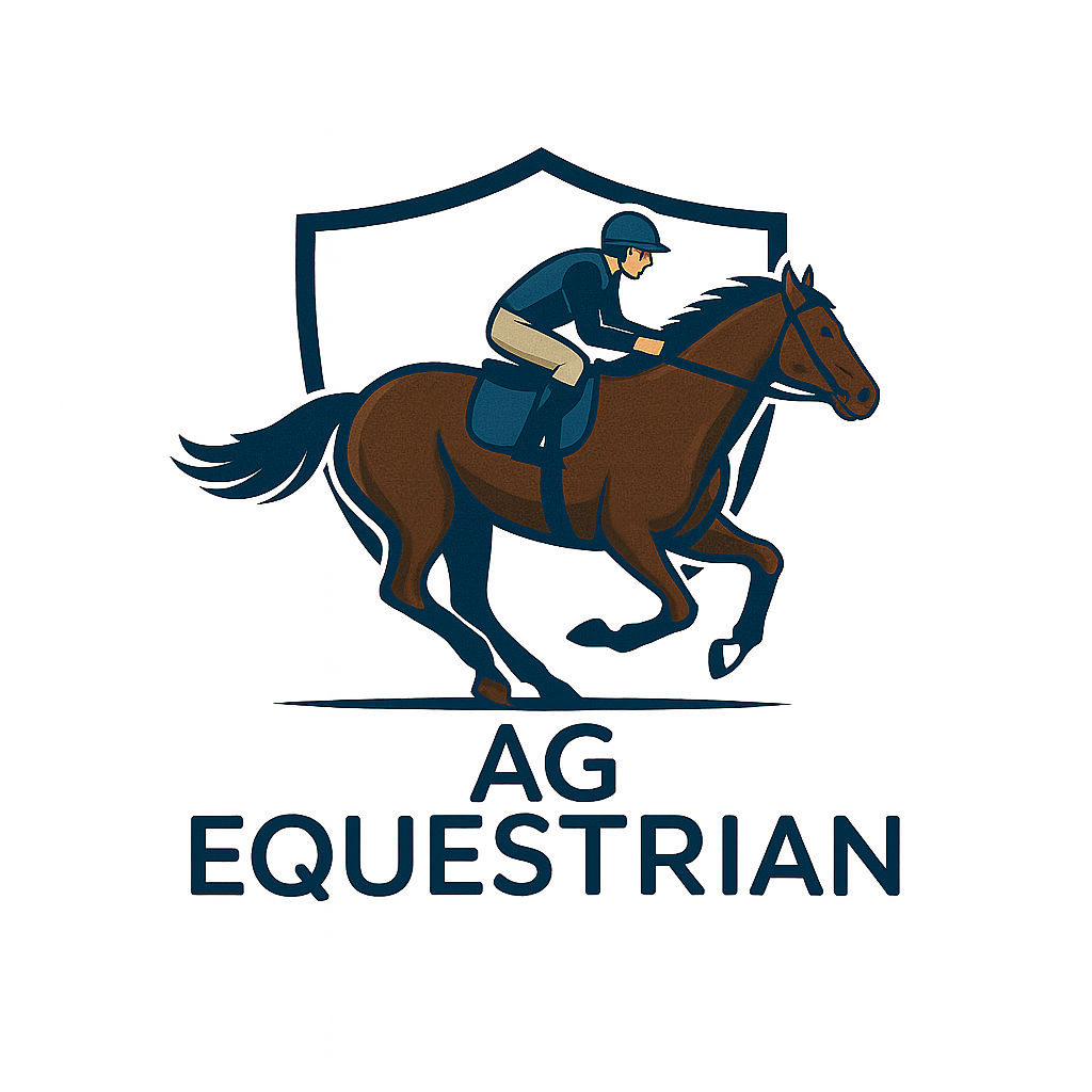 Logo of AG Equestrian with a rider on a horse and a shield in the background.