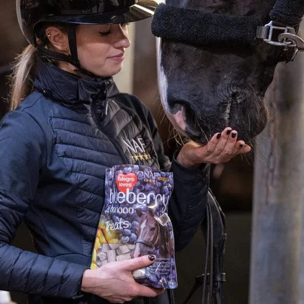 Feeding horse blueberry banana treats by hand