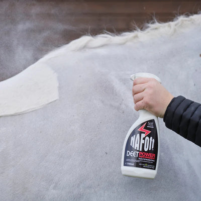 Horse being sprayed with NAF Off DEET Power Performance
