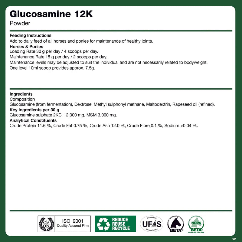 Label for Glucosamine 12K Powder with feeding instructions and ingredient details.