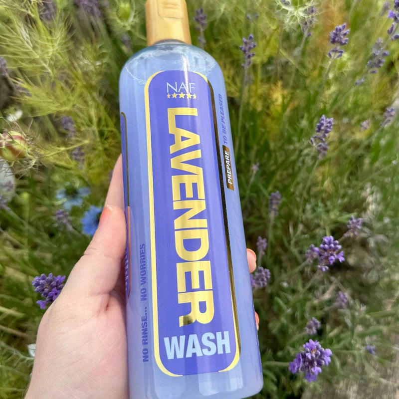 NAF Lavender Wash 500ml bottle in field of lavender