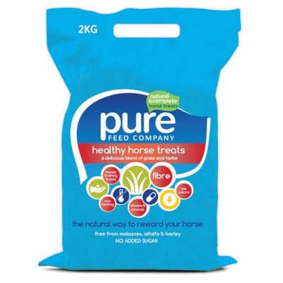 Blue bag of pure feed company healthy horse treats on a white background
