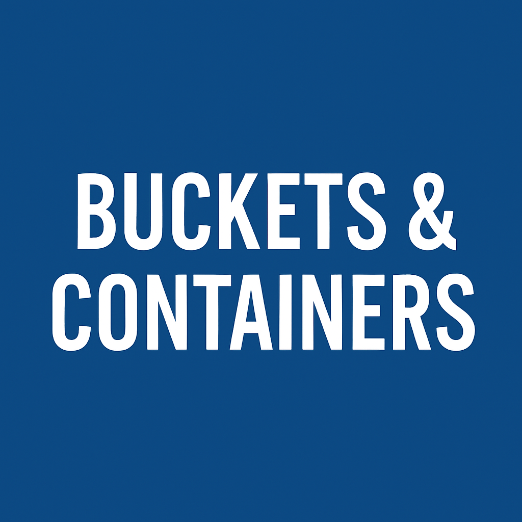 Buckets & Containers category header text on blue background for equestrian store.