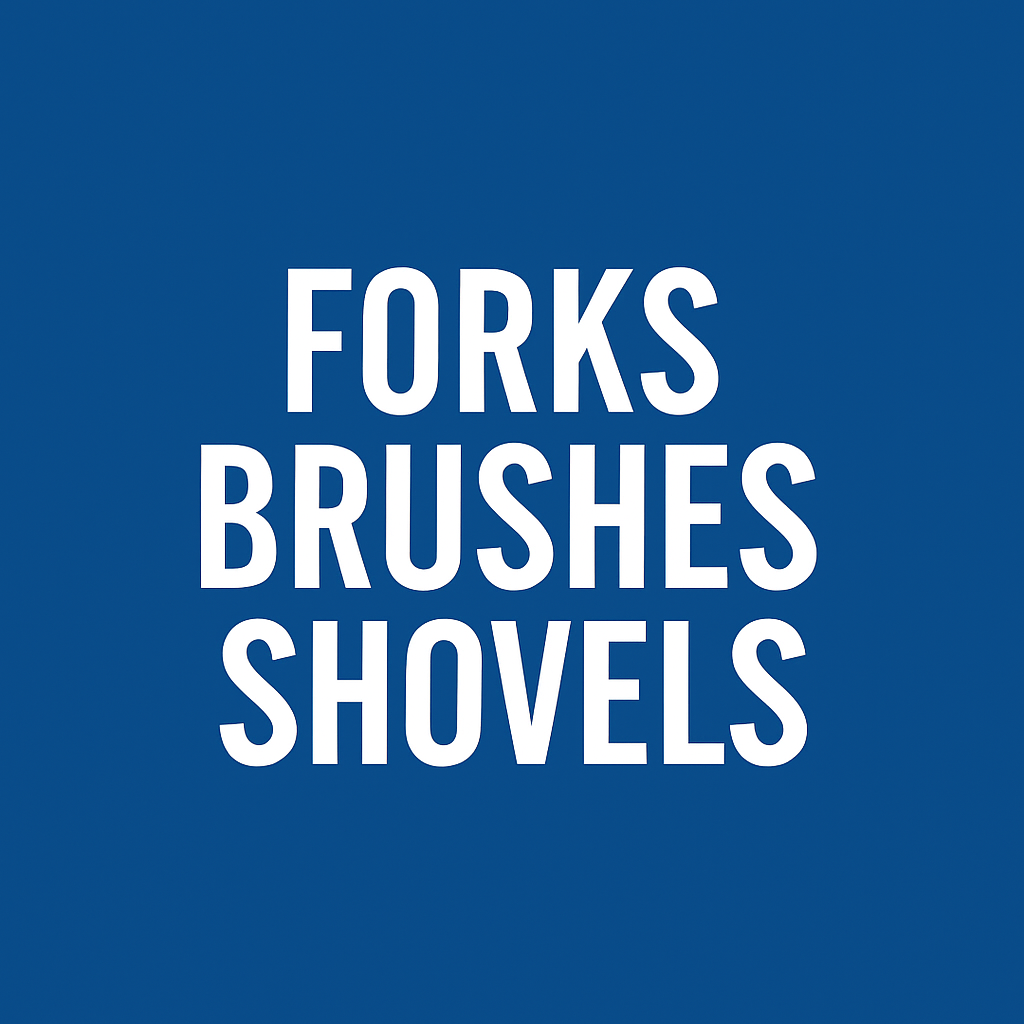 FORKS BRUSHES SHOVELS category header text on blue background for equestrian stable tools.