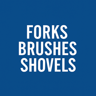 FORKS BRUSHES SHOVELS category header text on blue background for equestrian stable tools.
