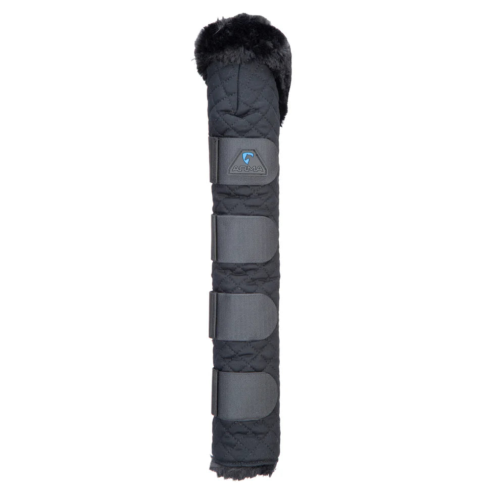 Black protective tail guard with fur trim on a white background