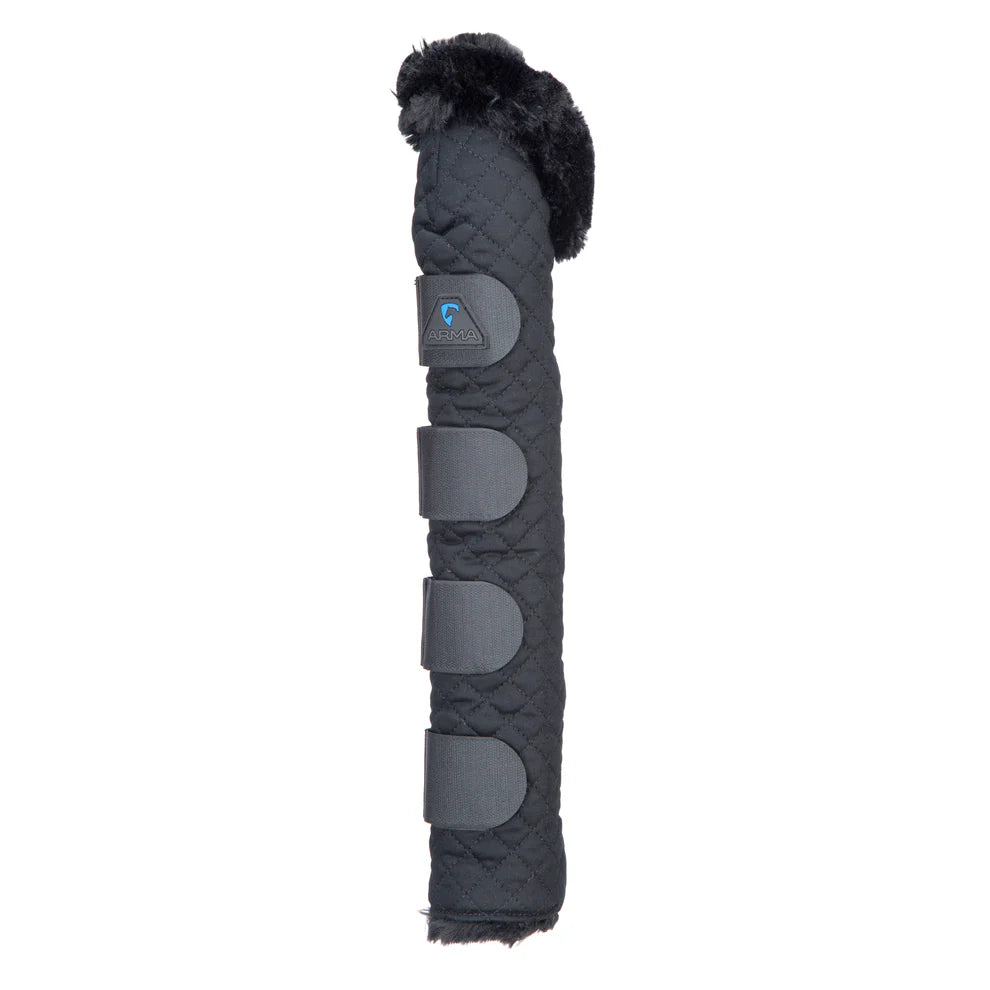 Black quilted protective tail guard with fur top on a white background