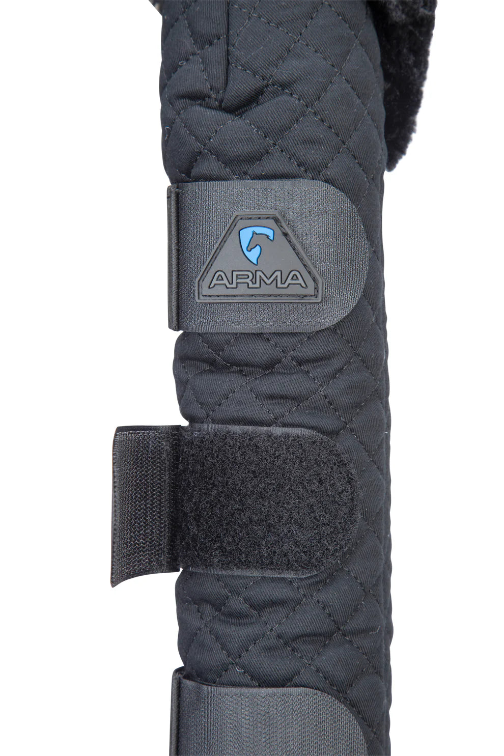 Close-up of a black protective tail guard with a ARMA logo on a white background