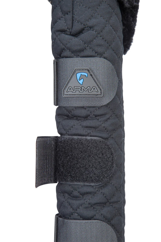 Close-up of a black protective tail guard with a ARMA logo on a white background