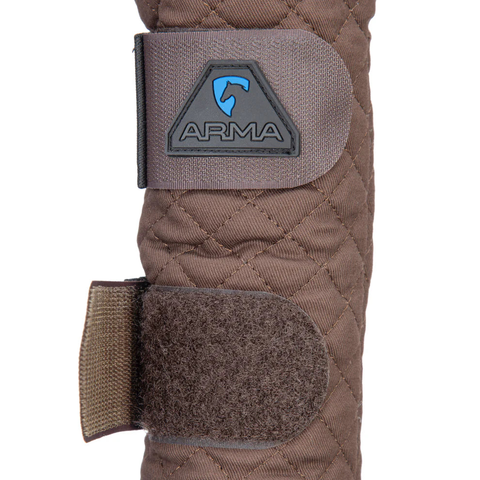 Brown quilted tail guard with Arma logo on a white background