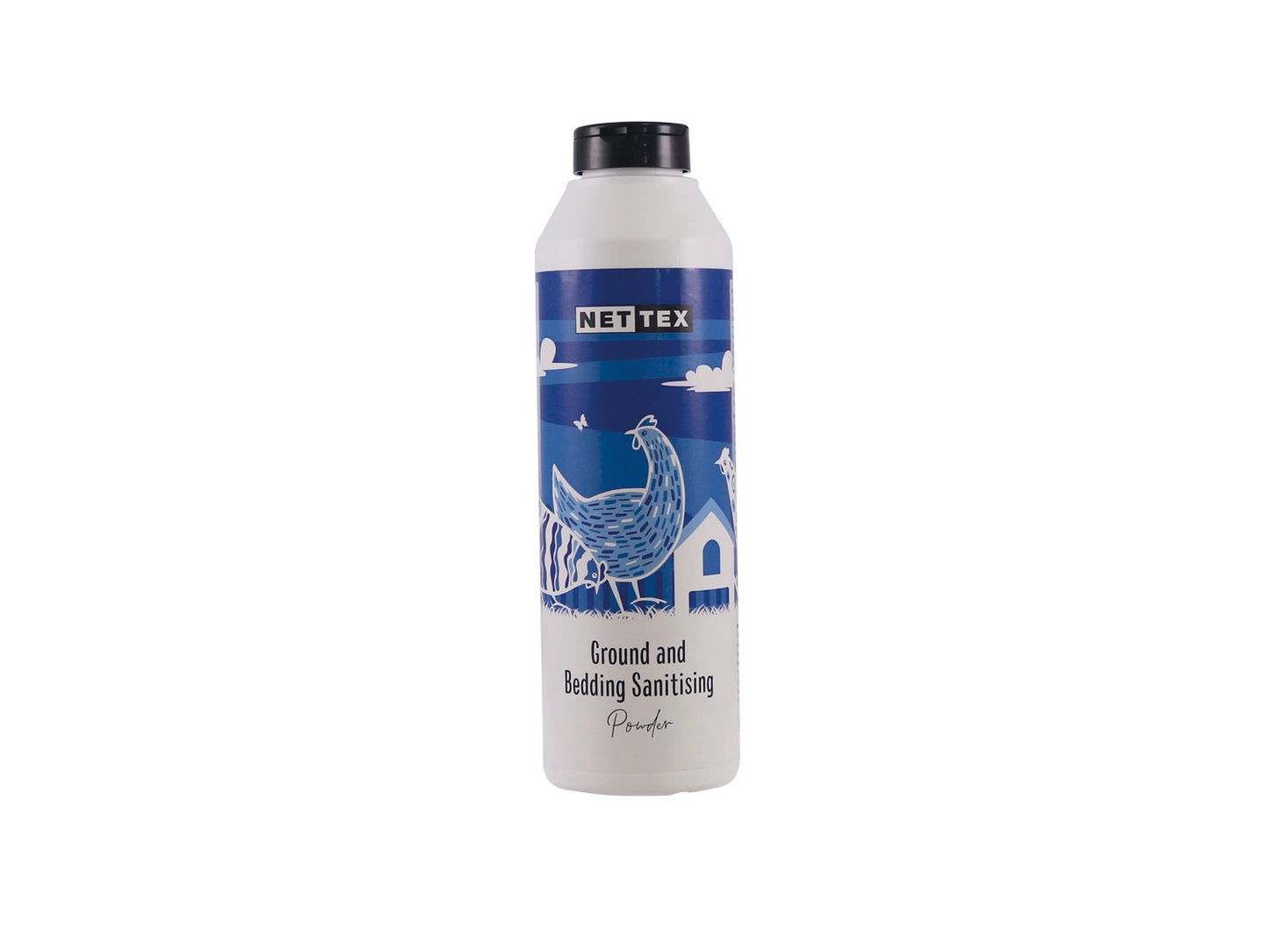 A bottle of NETTEX Ground and Bedding Sanitising Powder on a solid white background.