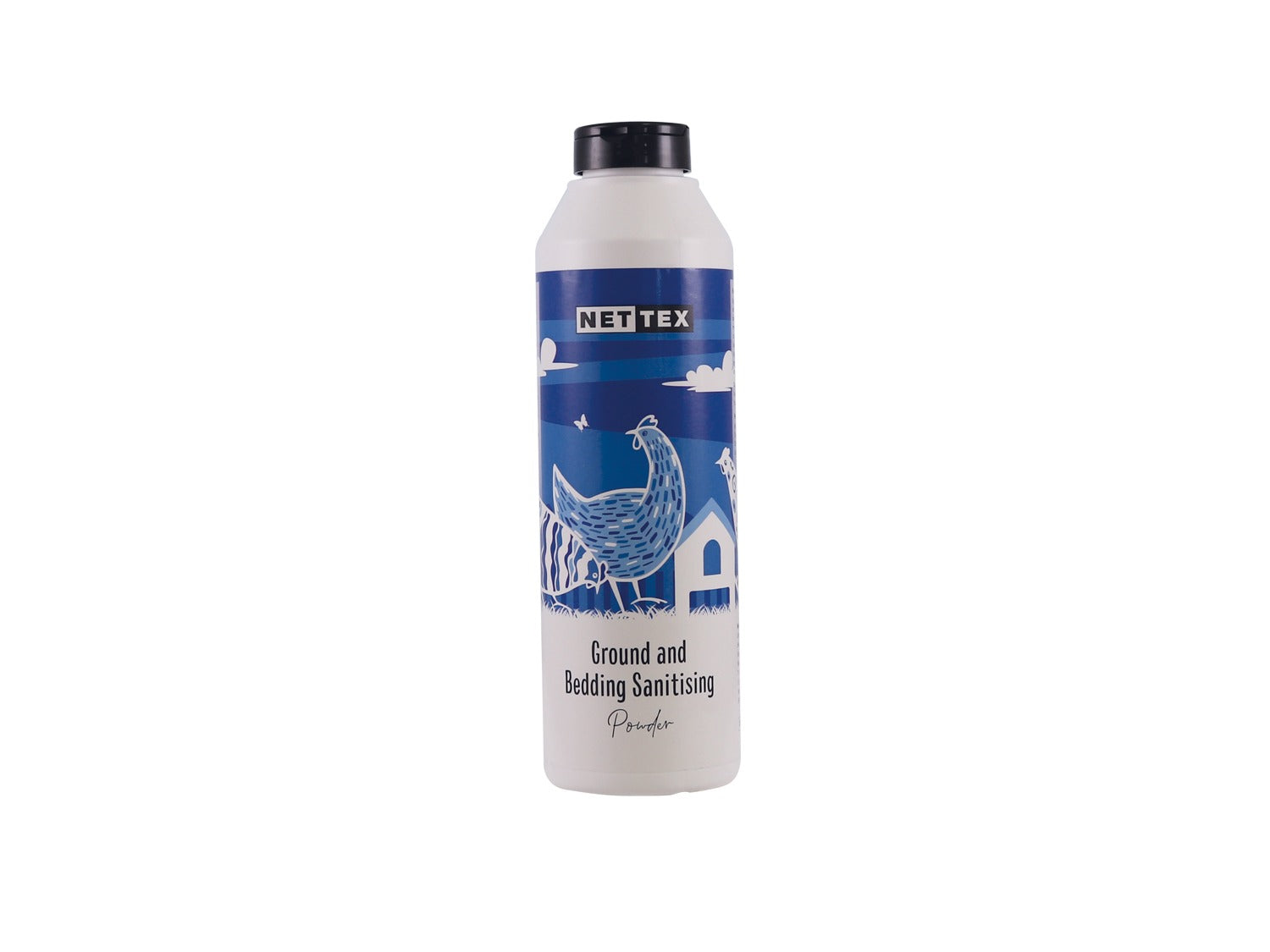 A bottle of NETTEX Ground and Bedding Sanitising Powder on a solid white background.
