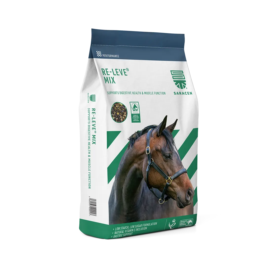 Saracen Re-Leve Mix horse feed bag with a horse on the packaging.