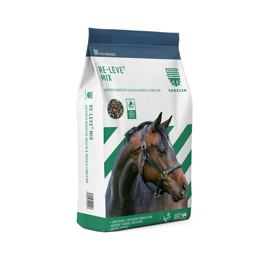 Saracen Re-Leve Mix horse feed bag with a horse on the packaging.