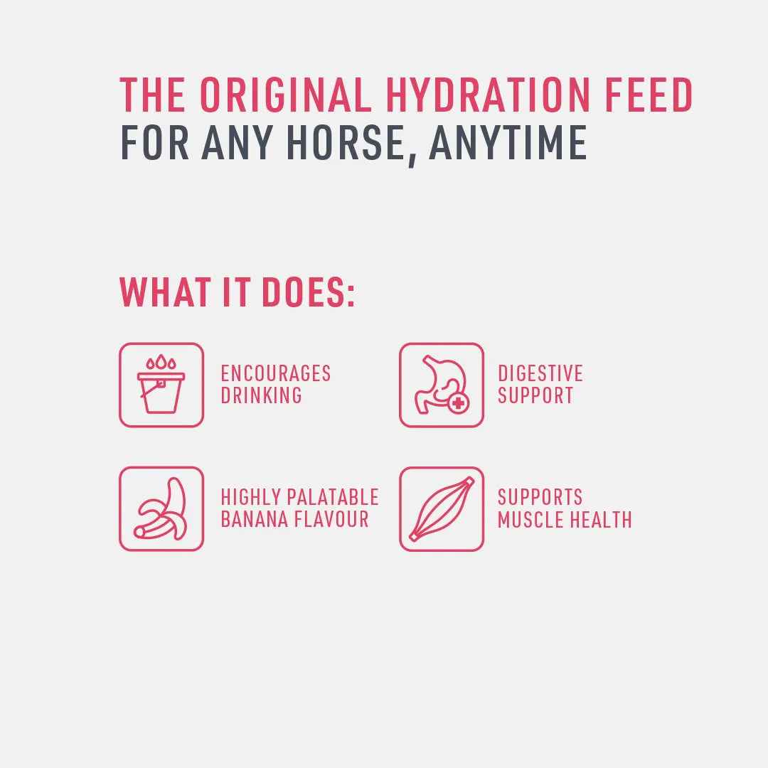 Advertisement for a hydration feed for horses with text and icons on a white background.
