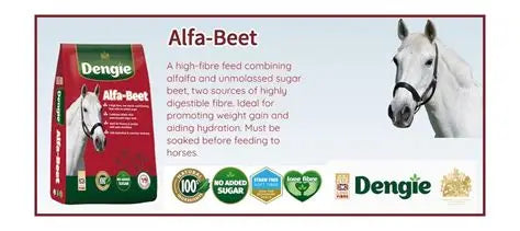Dengie Alfa-Beet horse feed packaging and product information graphic. The left side shows a red and green bag of Alfalfa-Beet feed with a horse photo on the bag.