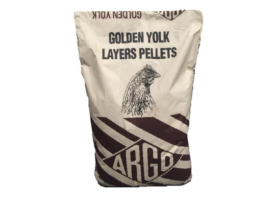 A bag of ARGO Golden Yolk Layers Pellets on a plain white background.