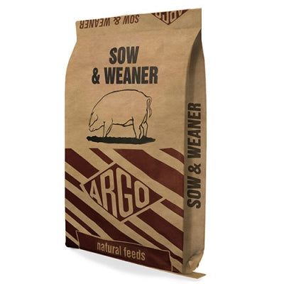 A bag of ARGO Sow & Weaner natural feeds on a plain white background. The packaging is made of brown kraft paper with dark brown graphics, including a line drawing of a pig and diagonal striped patterns.