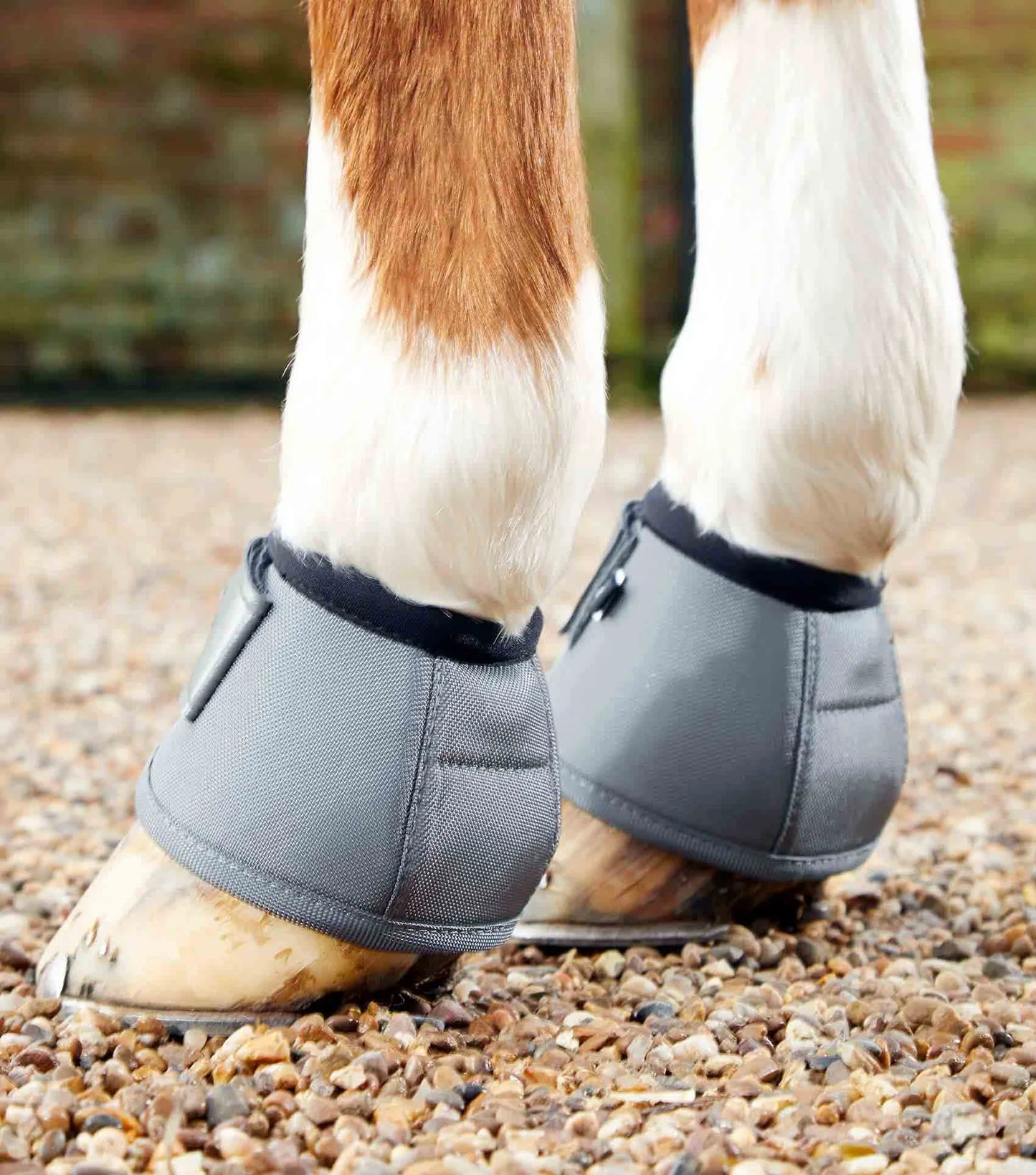 Grey Premier Equine Overreach boots on horses hoof