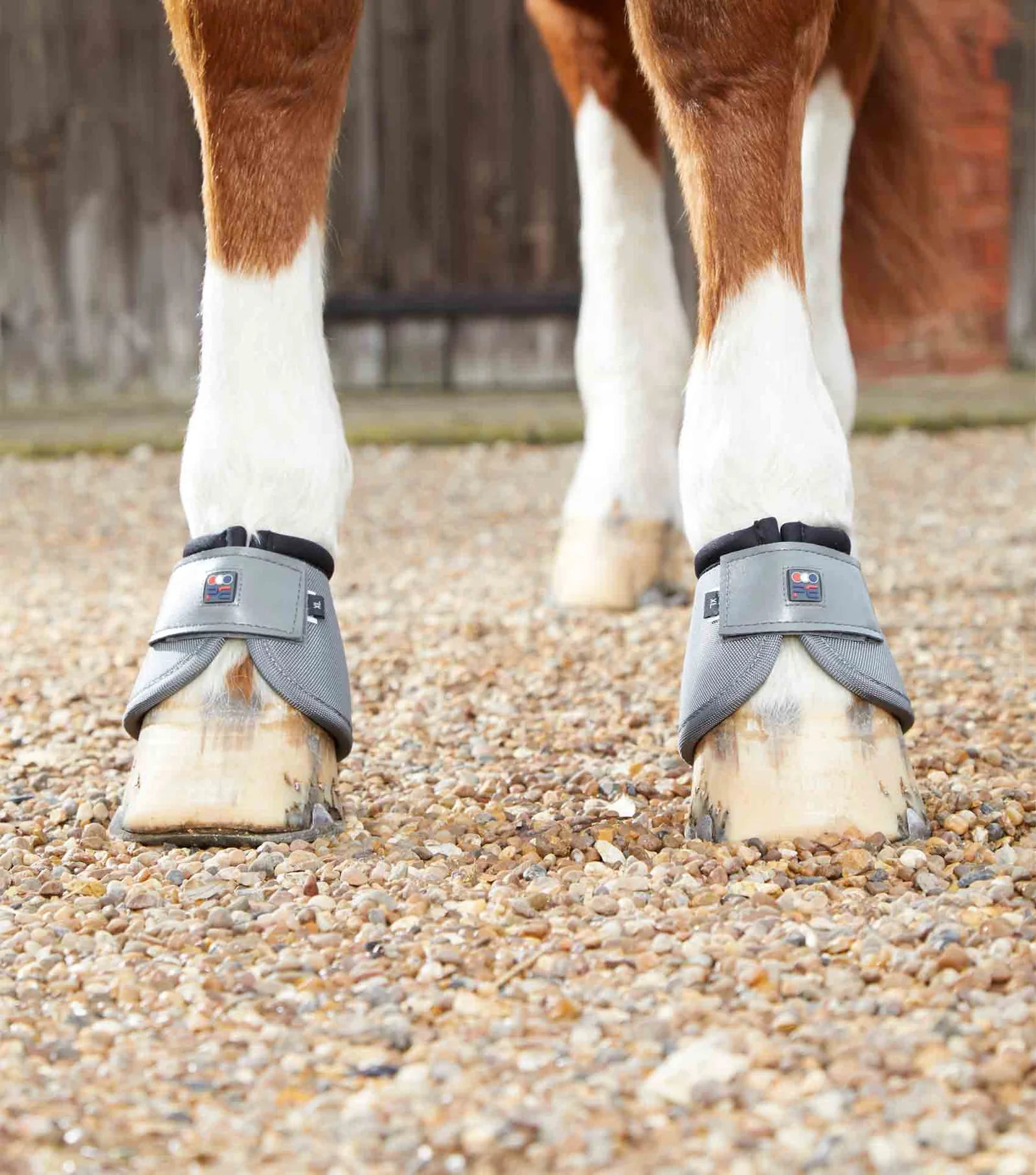 Grey Premier Equine Overreach boots on horses hoof