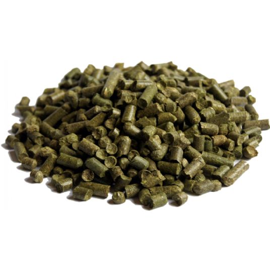 Pile of blue bag grass pellets on a white background