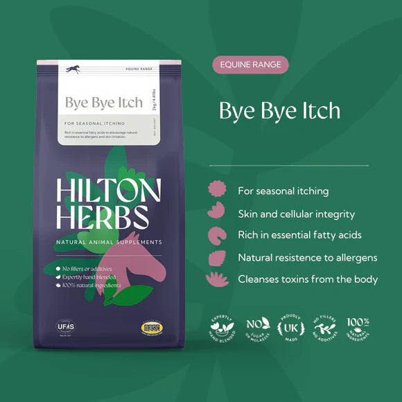 Hilton Herbs Bye Bye Itch supplement package on a green background