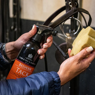 Person holding a bottle of Belvoir Tack Conditioner and a sponge, with a horse bridle in the background.
