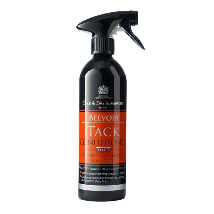 Black spray bottle labeled 'Belvoir Tack Conditioner' on a white background