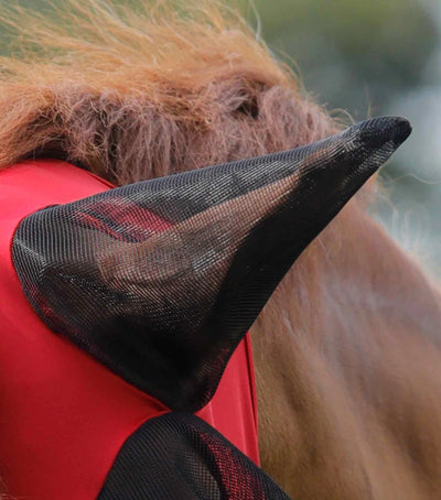 Close up of ear of Premier Equine Comfort Tech Lycra Fly Mask Red