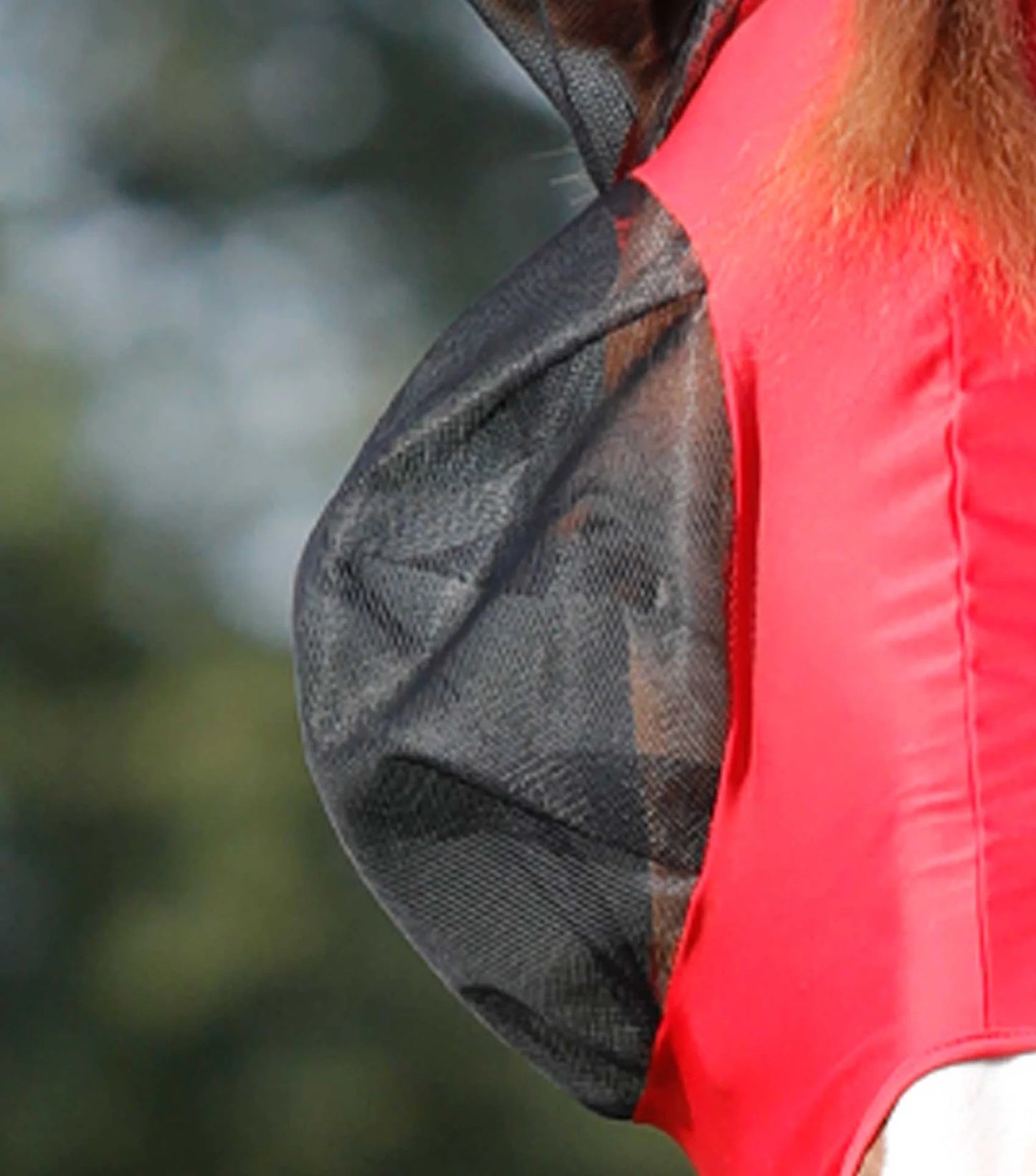 close up of eye part Premier Equine Comfort Tech Lycra Fly Mask Red