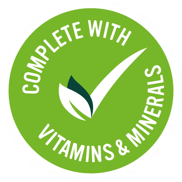 Green badge with text 'Complete with Vitamins & Minerals' and a leaf symbol.
