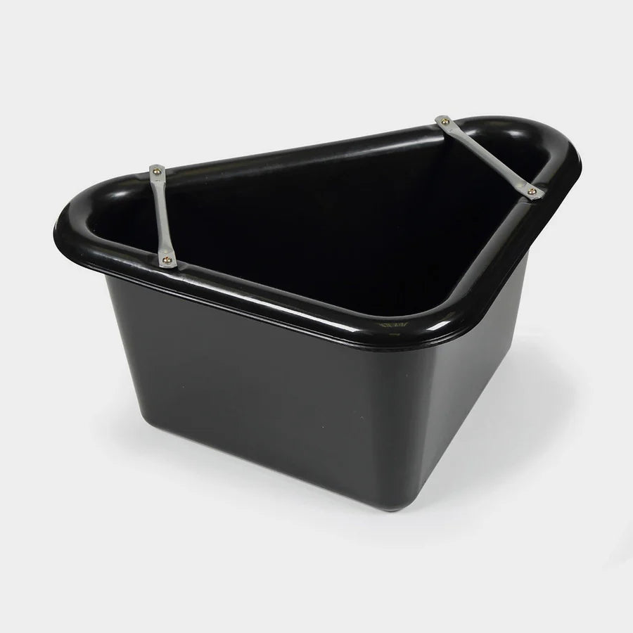 Shires EZI-KIT Corner Manger plastic frost-proof stable corner feed tub with anti-waste bars, shown in black