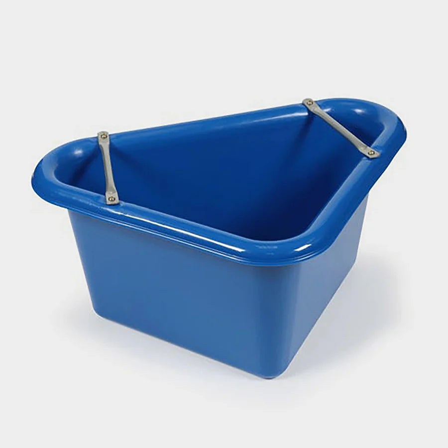 Shires EZI-KIT Corner Manger plastic frost-proof stable corner feed tub with anti-waste bars, shown in blue