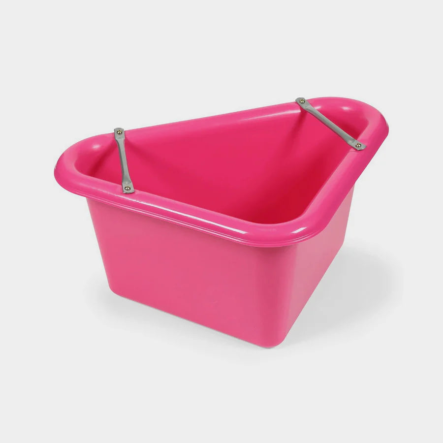 Shires EZI-KIT Corner Manger plastic frost-proof stable corner feed tub with anti-waste bars, shown in pink