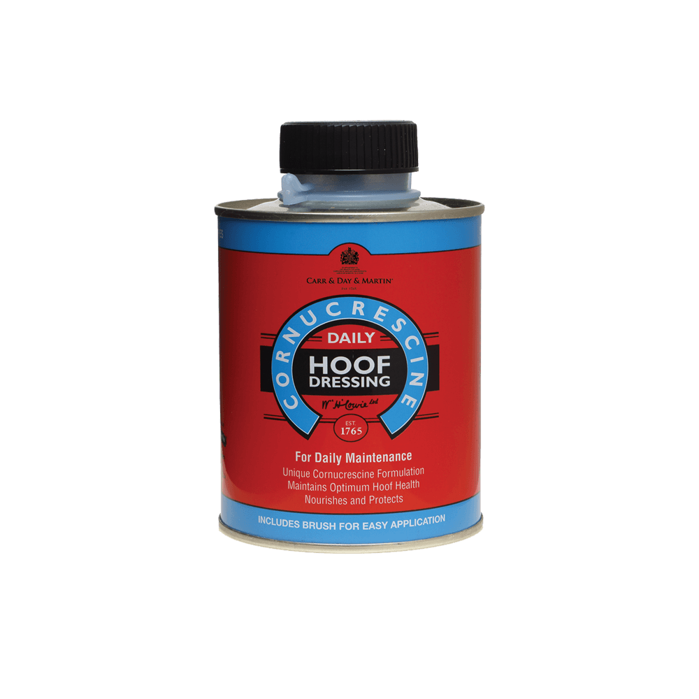 Cornucrescine Daily Hoof Dressing can on a black background