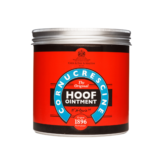 Cornucrescine Hoof Ointment jar with red label and silver lid on white background